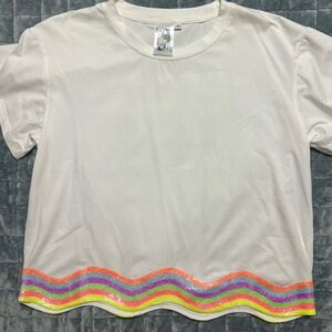 Queen of Sparkles White Top with Multicolor Sequin Trim